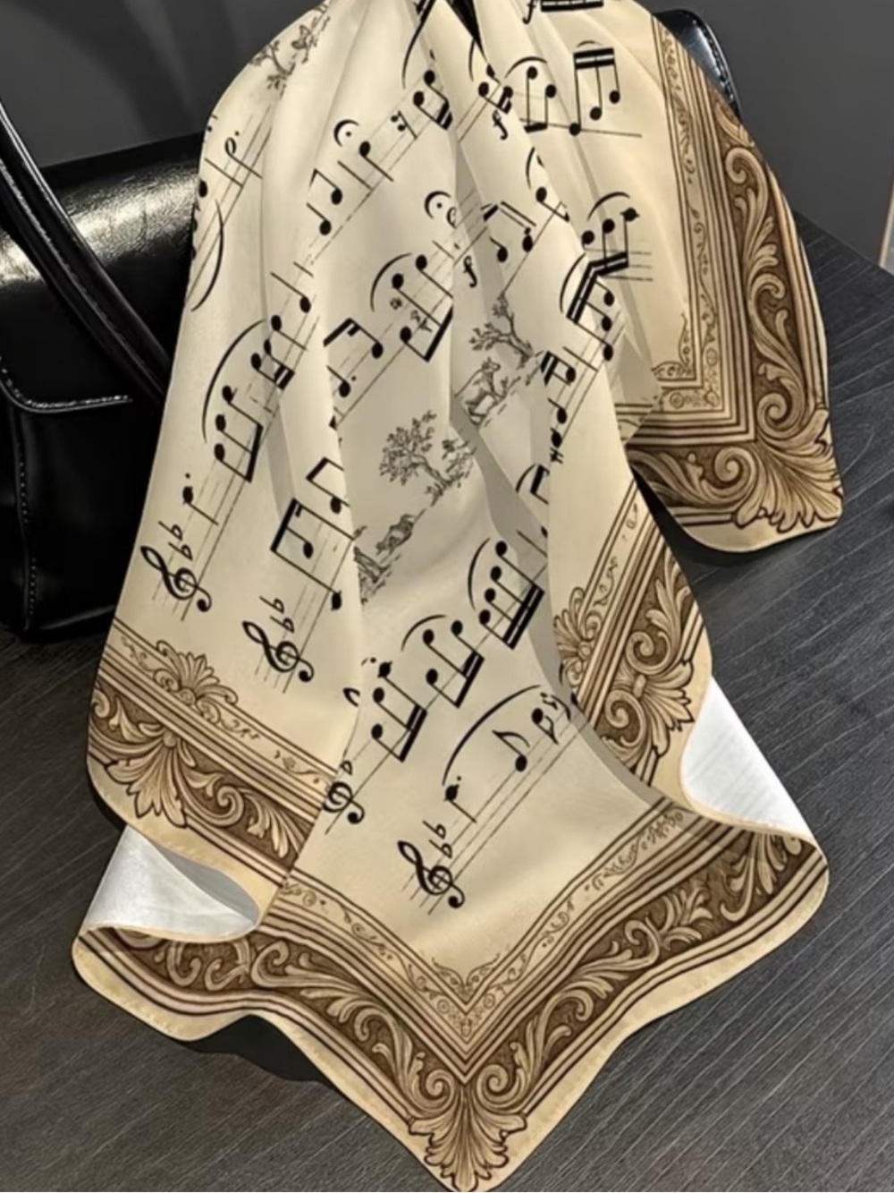 Classical Music Notes Silky Scarf in Ivory and Brown 27.5”